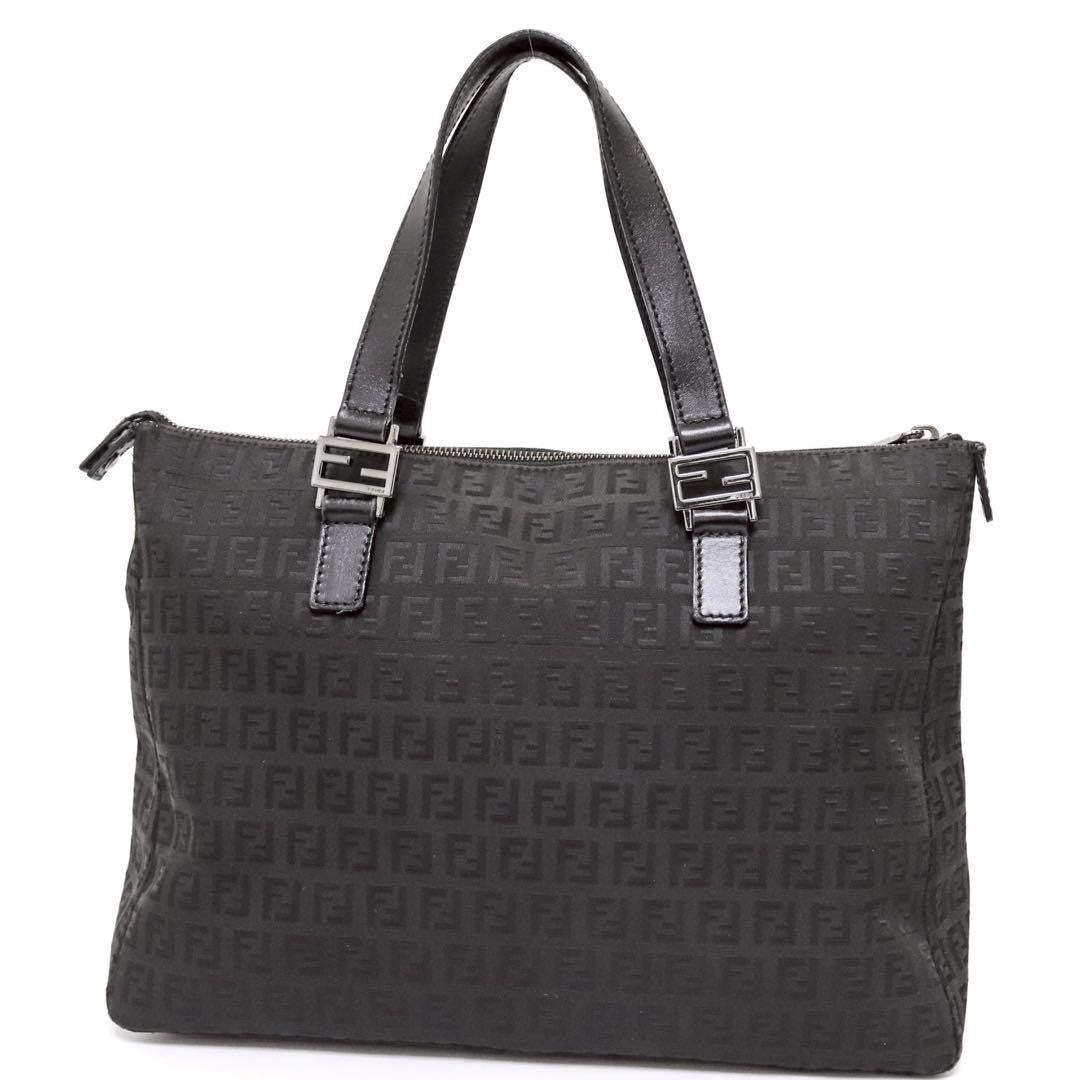FENDI Hand Bag Tote Purse FF Zucchino Canvas Leather Nylon Black Authentic
