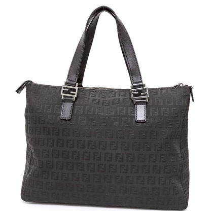 FENDI Hand Bag Tote Purse FF Zucchino Canvas Leather Nylon Black Authentic