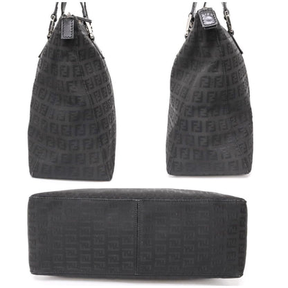 FENDI Hand Bag Tote Purse FF Zucchino Canvas Leather Nylon Black Authentic