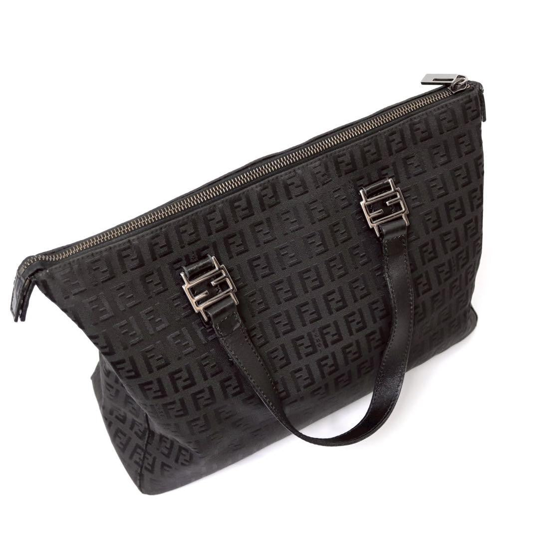 FENDI Hand Bag Tote Purse FF Zucchino Canvas Leather Nylon Black Authentic