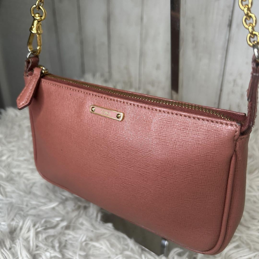 FENDI Accessory Pouch Hand Bag Tote Purse Chain Leather Pink Authentic