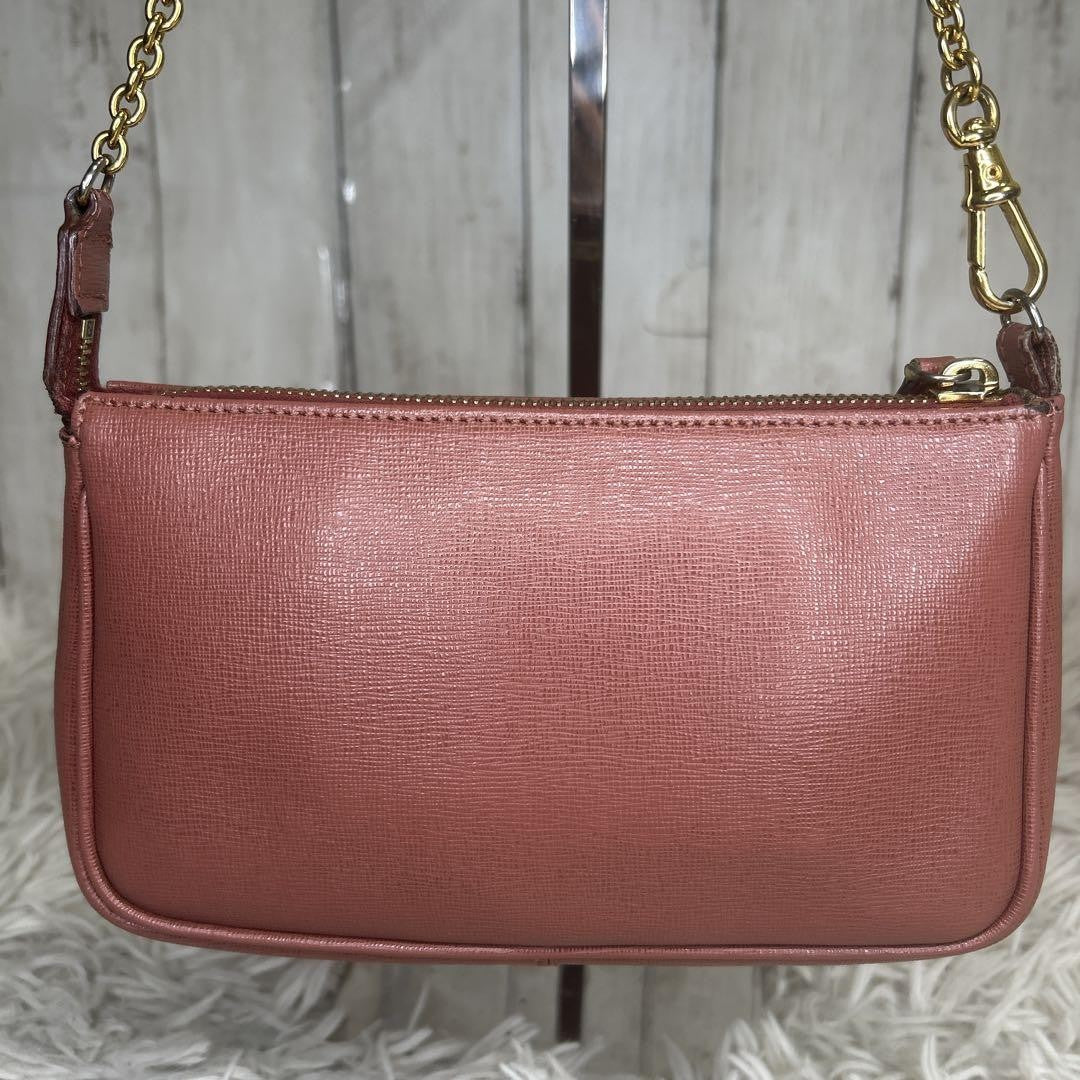 FENDI Accessory Pouch Hand Bag Tote Purse Chain Leather Pink Authentic