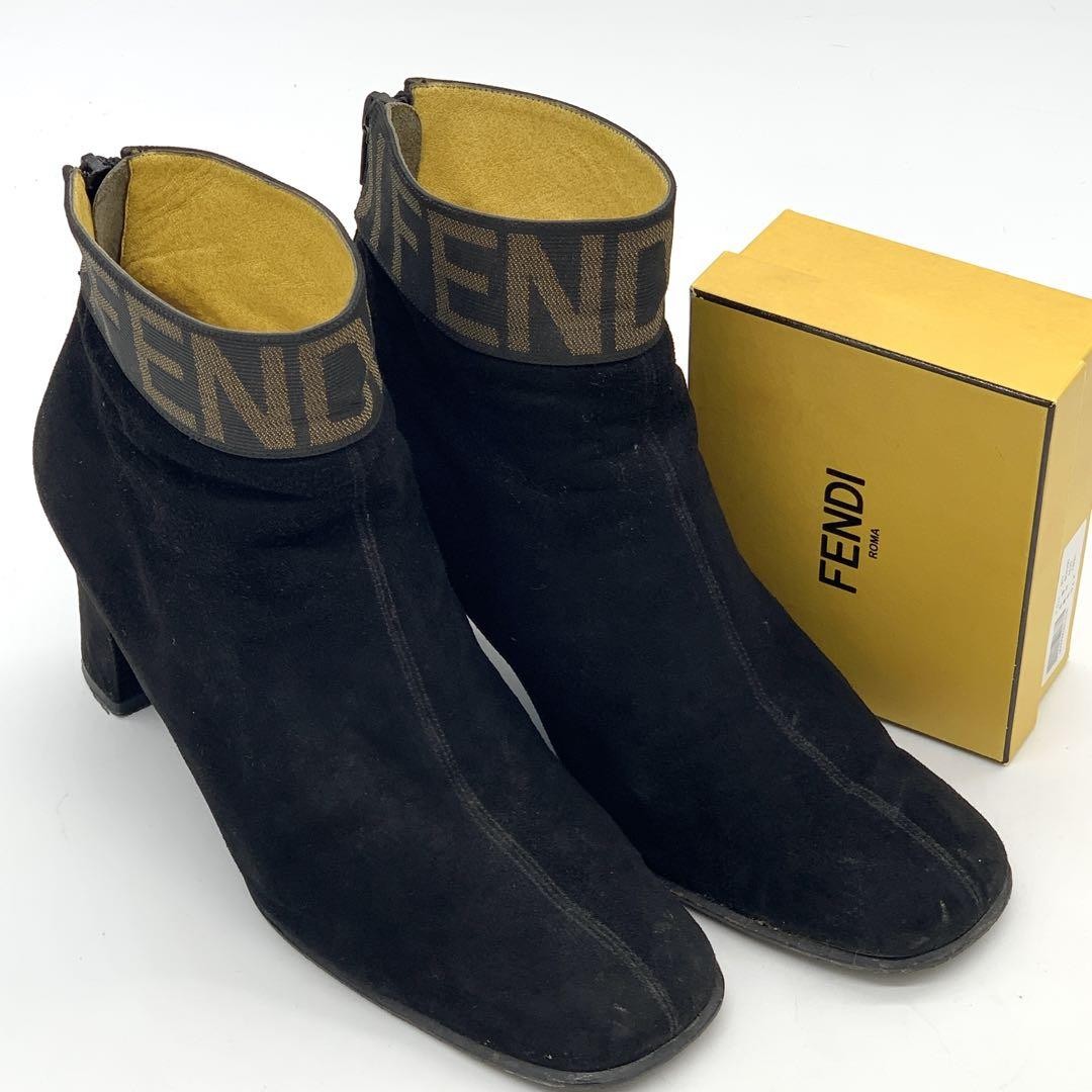 FENDI Short Boots Shoes Logo EU 38 US 8 Suede Black Authentic