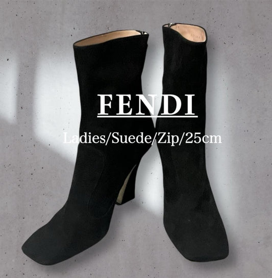 FENDI Short Boots Shoes EU 40 US 10 Suede Black Authentic