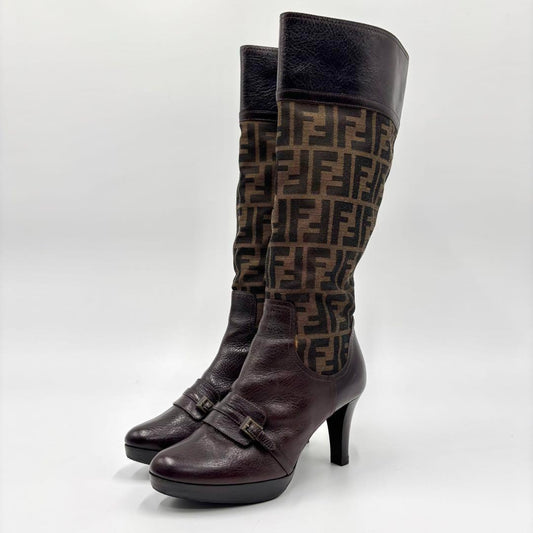 FENDI Long Boots Shoes FF Zucca EU 35 US 5 Brown Authentic