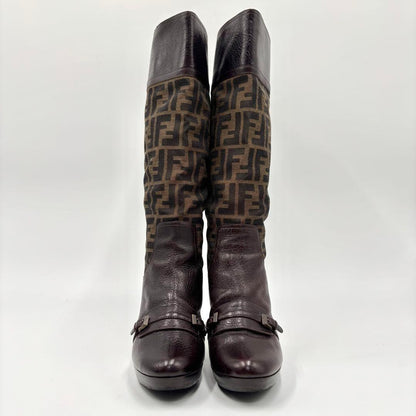 FENDI Long Boots Shoes FF Zucca EU 35 US 5 Brown Authentic