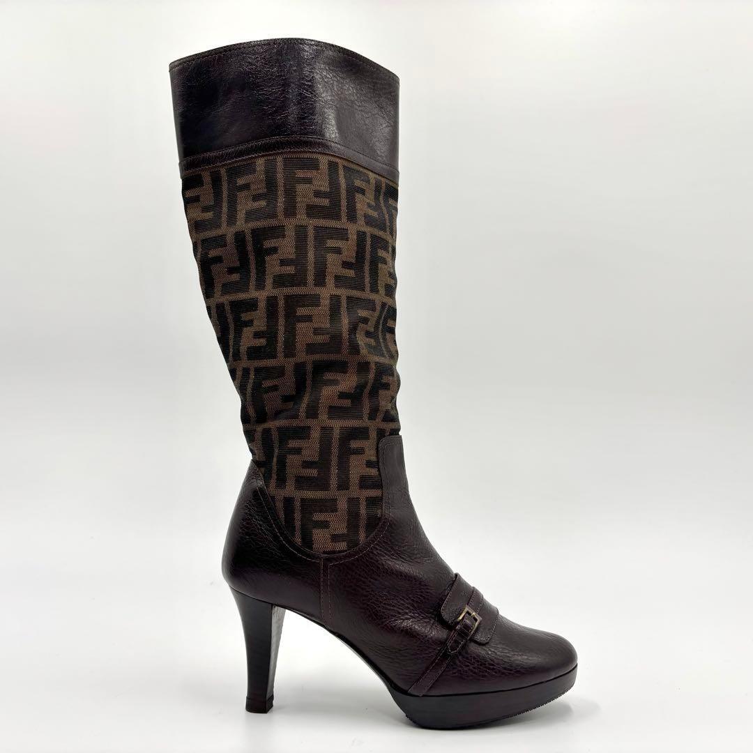 FENDI Long Boots Shoes FF Zucca EU 35 US 5 Brown Authentic