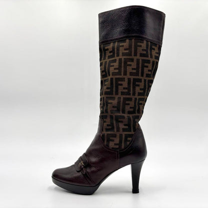 FENDI Long Boots Shoes FF Zucca EU 35 US 5 Brown Authentic