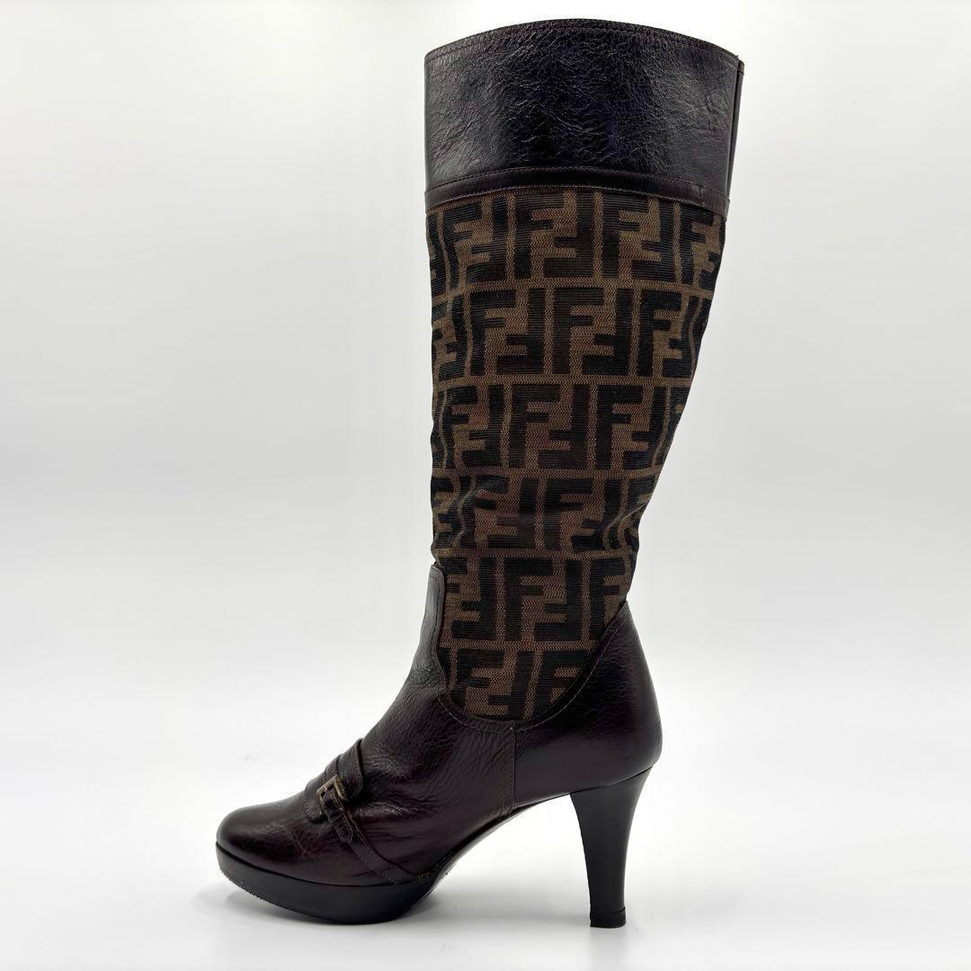 FENDI Long Boots Shoes FF Zucca EU 35 US 5 Brown Authentic