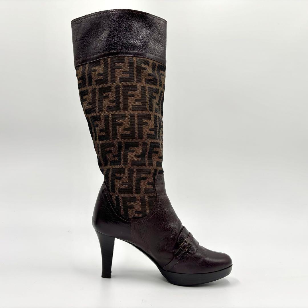 FENDI Long Boots Shoes FF Zucca EU 35 US 5 Brown Authentic