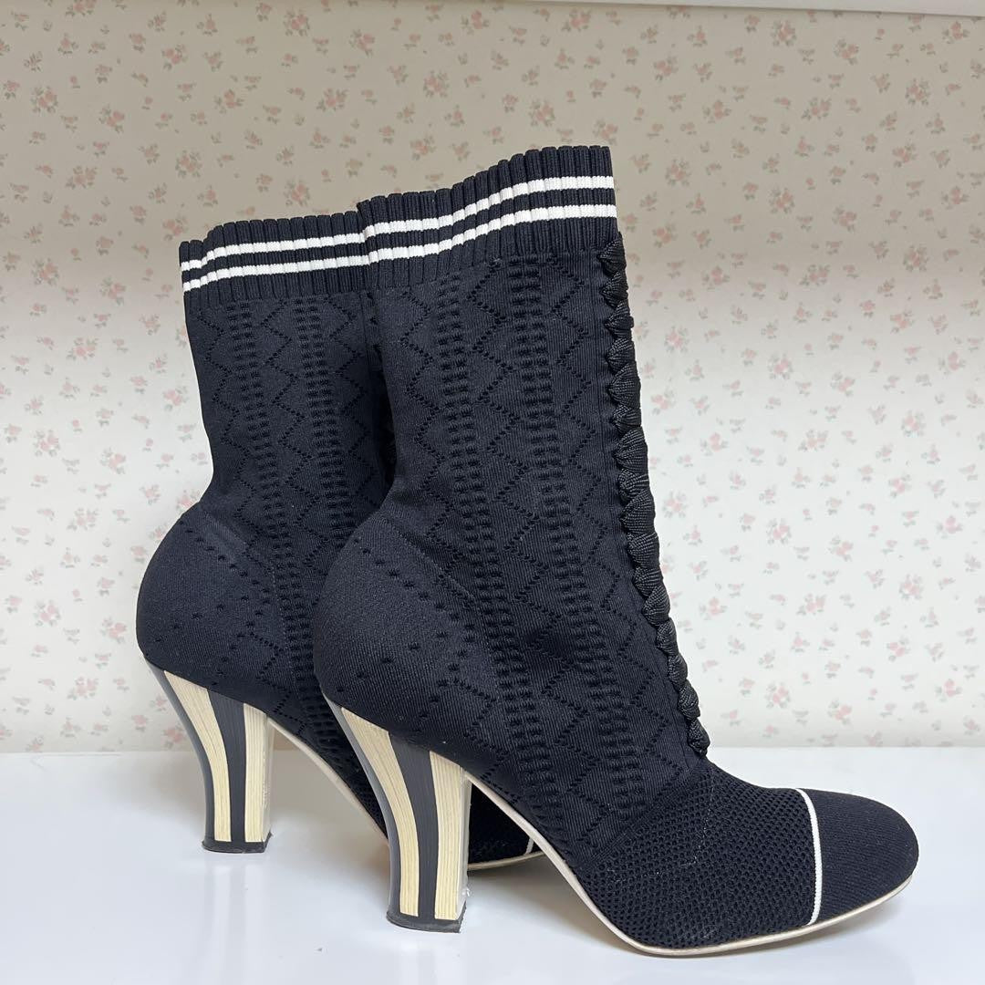 FENDI Socks Boots Shoes EU 38 US 8 Knit Black Authentic