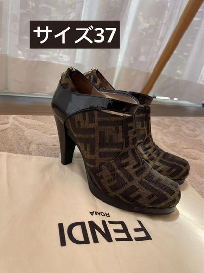 FENDI Short Boots Bootie Shoes FF Zucca EU 37 US 7 Brown Black Authentic