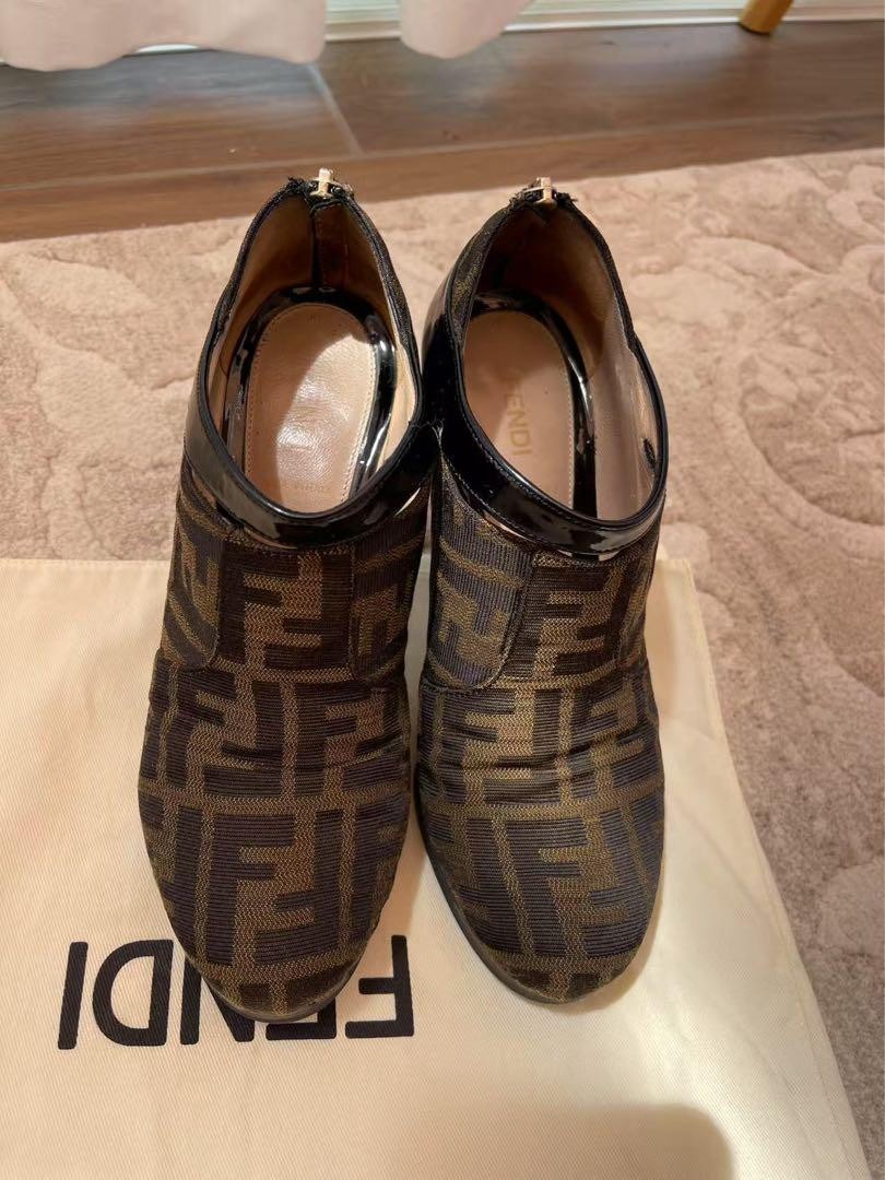 FENDI Short Boots Bootie Shoes FF Zucca EU 37 US 7 Brown Black Authentic