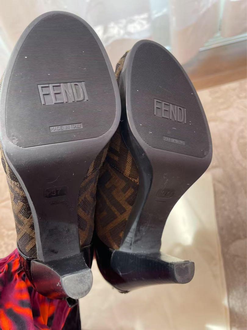 FENDI Short Boots Bootie Shoes FF Zucca EU 37 US 7 Brown Black Authentic