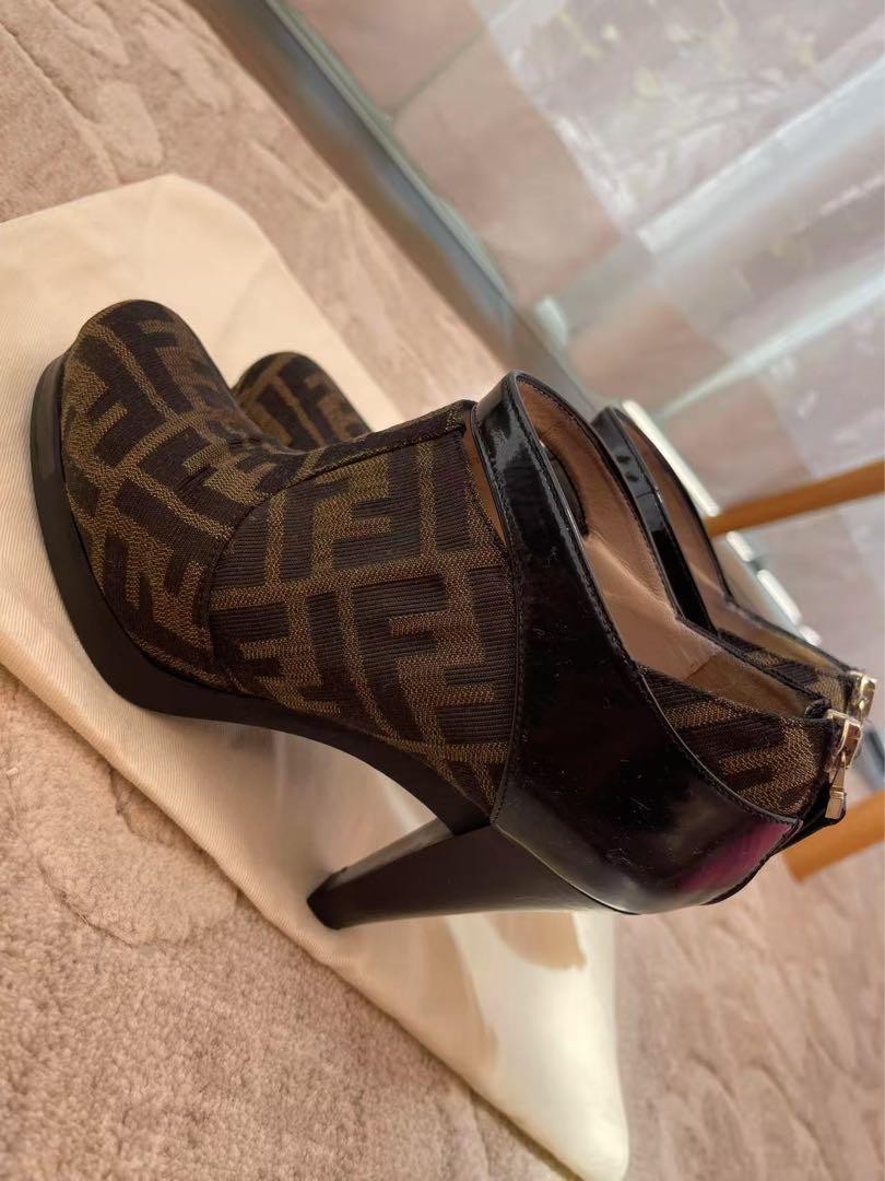 FENDI Short Boots Bootie Shoes FF Zucca EU 37 US 7 Brown Black Authentic