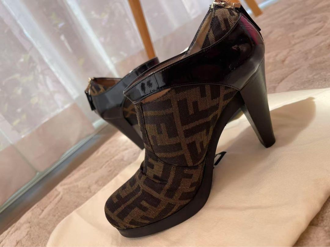 FENDI Short Boots Bootie Shoes FF Zucca EU 37 US 7 Brown Black Authentic