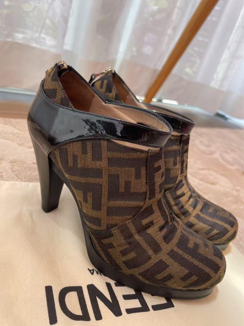 FENDI Short Boots Bootie Shoes FF Zucca EU 37 US 7 Brown Black Authentic