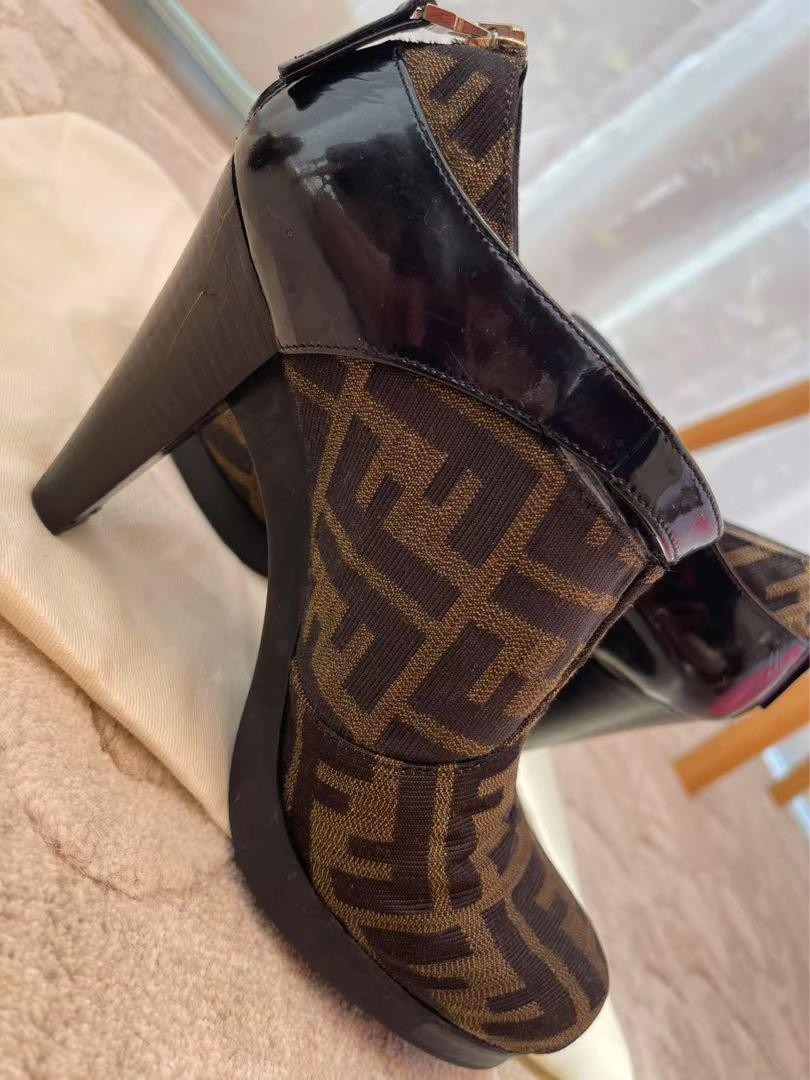 FENDI Short Boots Bootie Shoes FF Zucca EU 37 US 7 Brown Black Authentic