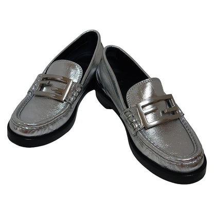 FENDI Loafers Shoes FF EU 36 US 6 Leather Silver Authentic