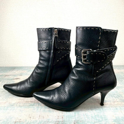 FENDI Bootie Boots Shoes Selleria EU 35 US 5 Leather Black Authentic