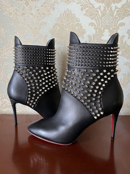 Christian Louboutin Short Boots Shoes Studs EU 36 US 6 Leather Black Authentic