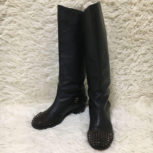Christian Louboutin Long Boots Shoes Studs EU 36 US 6 Leather Black Authentic