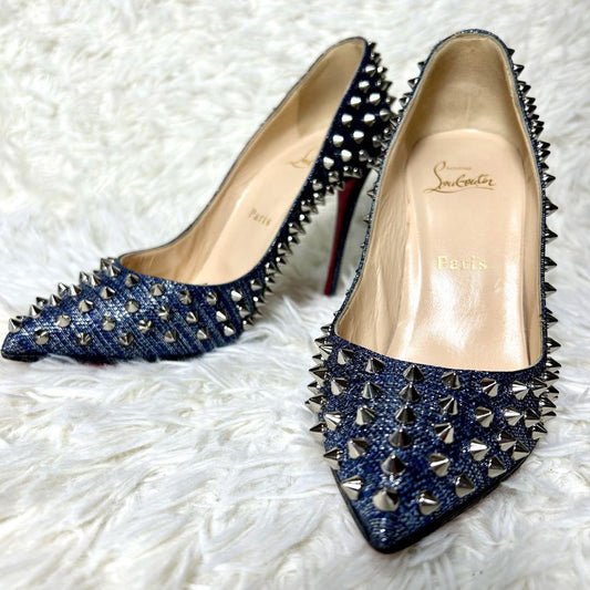 Christian Louboutin Shoes Pumps Heel Studs EU 37.5 US 7.5 Navy Silver Denim Auth