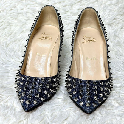 Christian Louboutin Shoes Pumps Heel Studs EU 37.5 US 7.5 Navy Silver Denim Auth