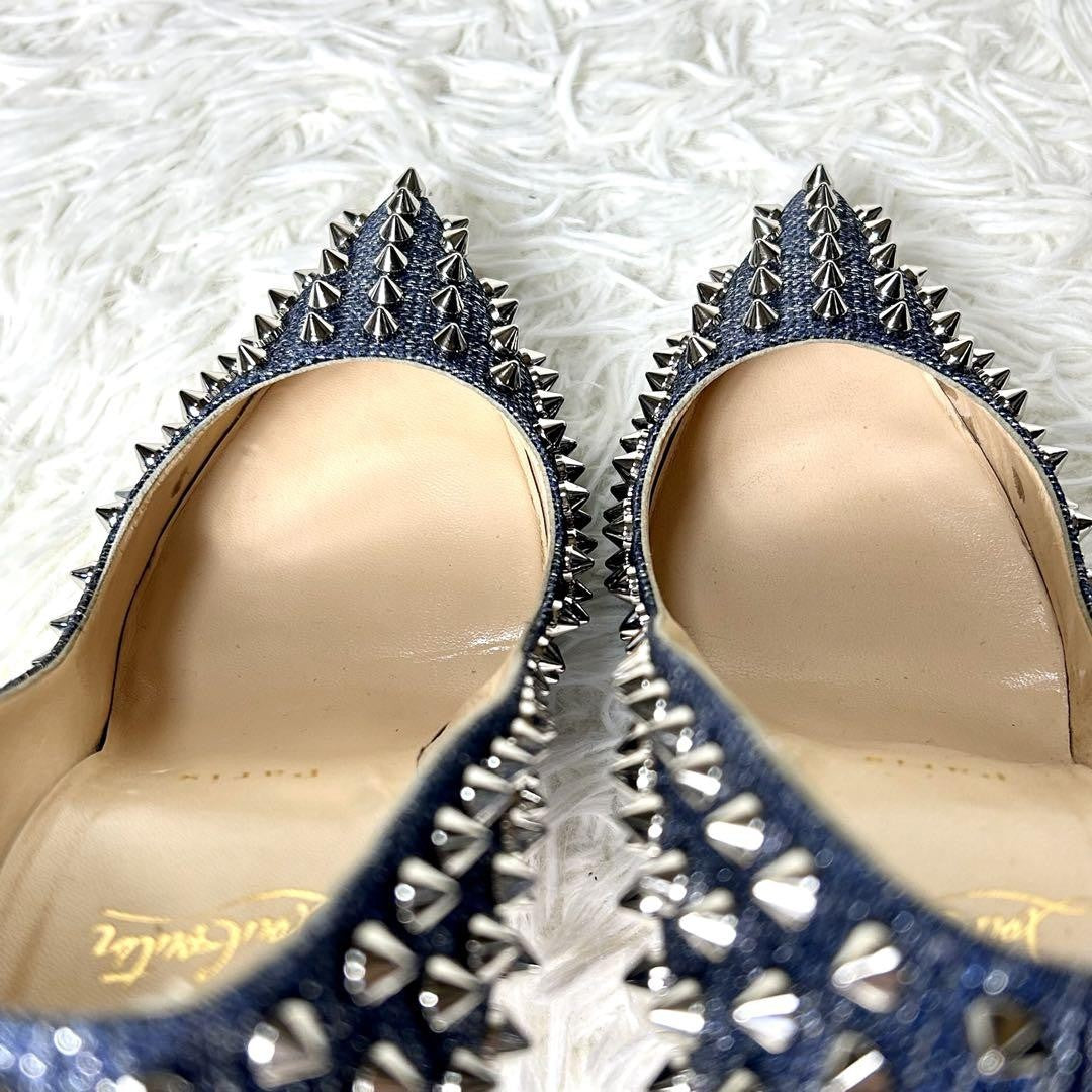 Christian Louboutin Shoes Pumps Heel Studs EU 37.5 US 7.5 Navy Silver Denim Auth