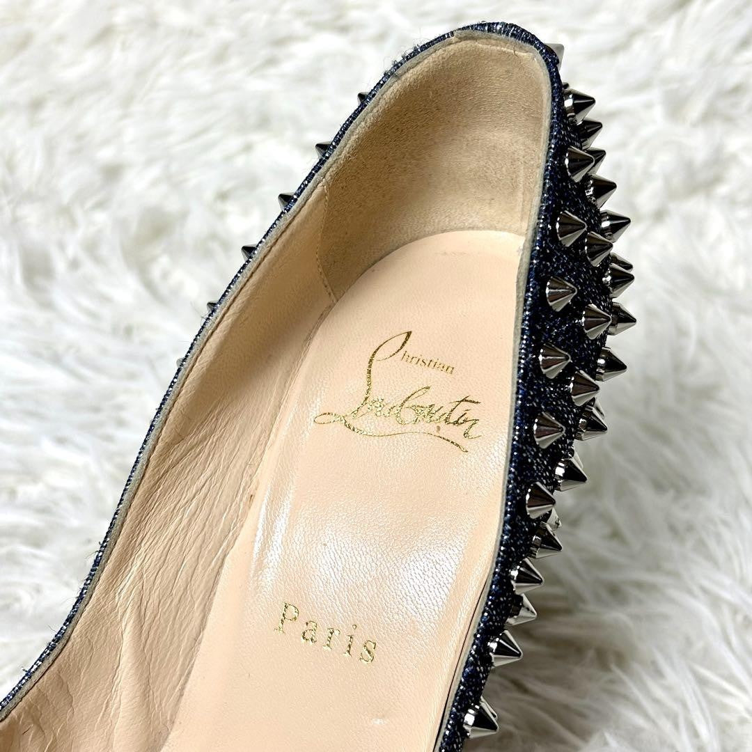 Christian Louboutin Shoes Pumps Heel Studs EU 37.5 US 7.5 Navy Silver Denim Auth
