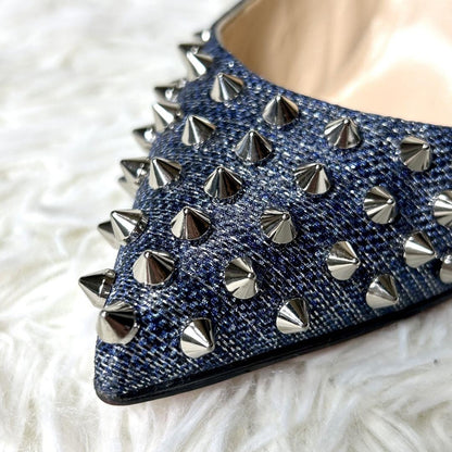 Christian Louboutin Shoes Pumps Heel Studs EU 37.5 US 7.5 Navy Silver Denim Auth