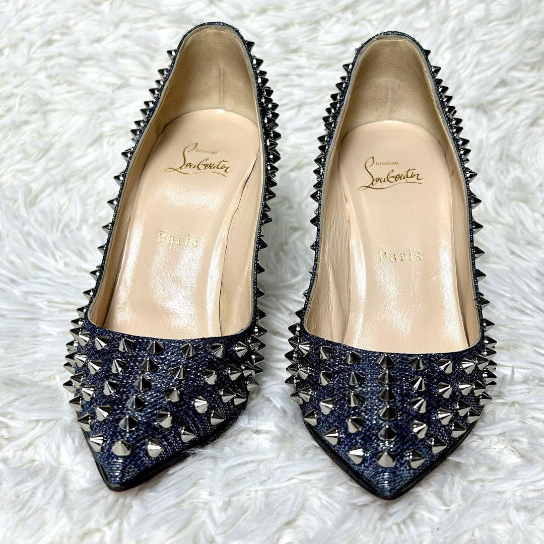 Christian Louboutin Shoes Pumps Heel Studs EU 37.5 US 7.5 Navy Silver Denim Auth