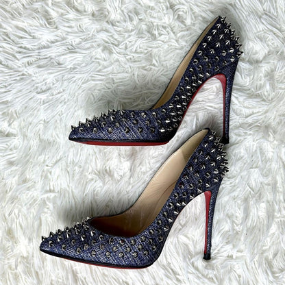 Christian Louboutin Shoes Pumps Heel Studs EU 37.5 US 7.5 Navy Silver Denim Auth