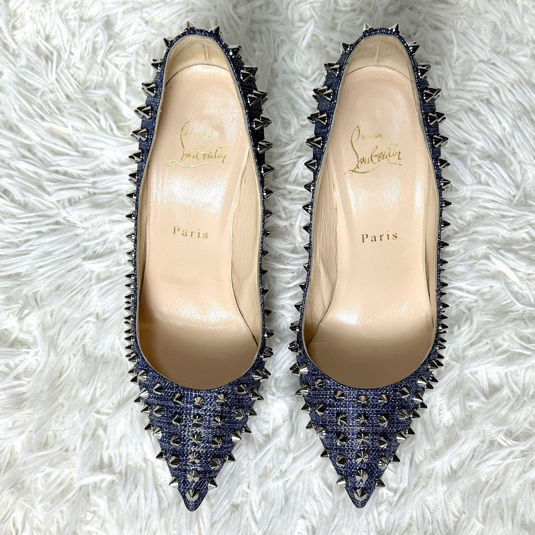 Christian Louboutin Shoes Pumps Heel Studs EU 37.5 US 7.5 Navy Silver Denim Auth