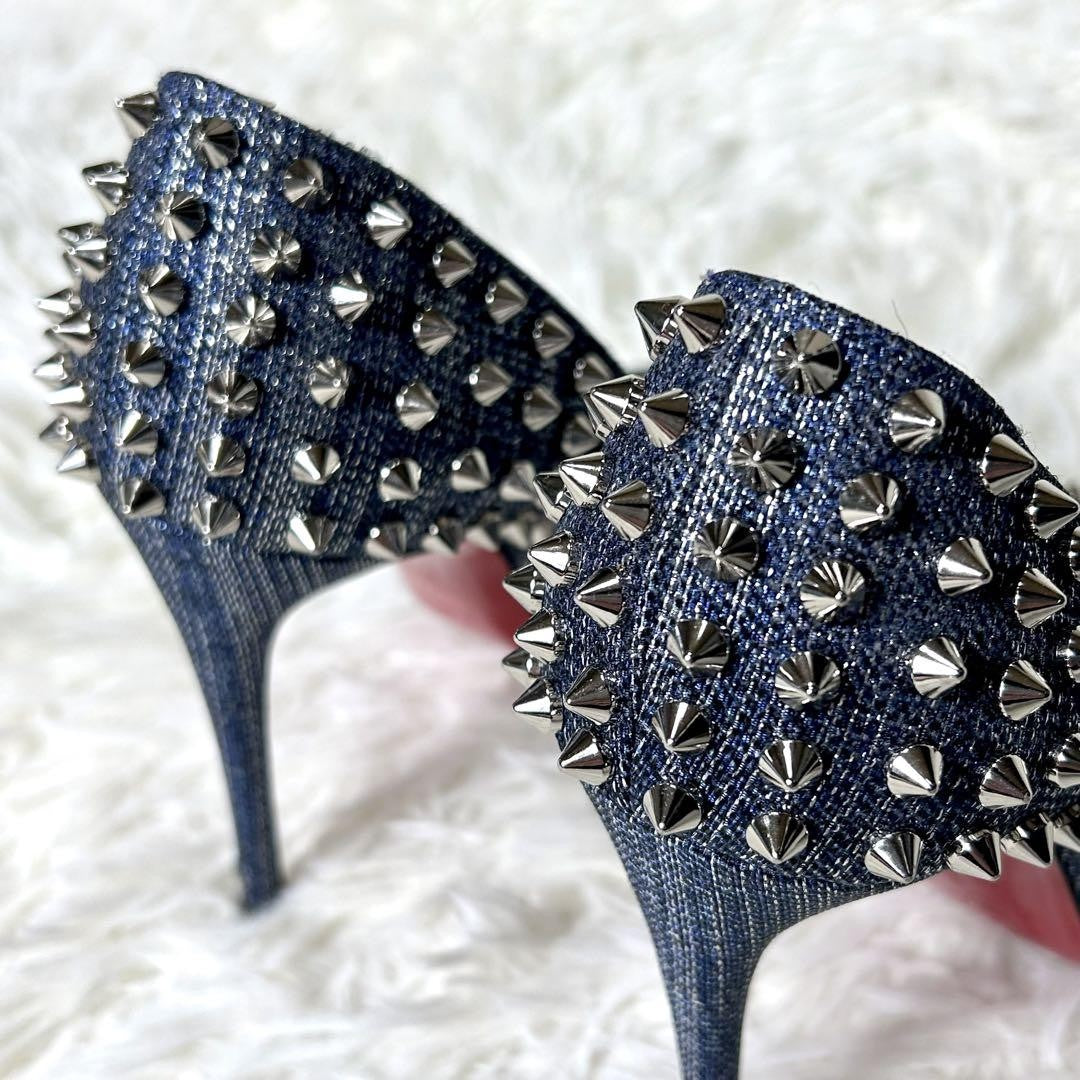 Christian Louboutin Shoes Pumps Heel Studs EU 37.5 US 7.5 Navy Silver Denim Auth