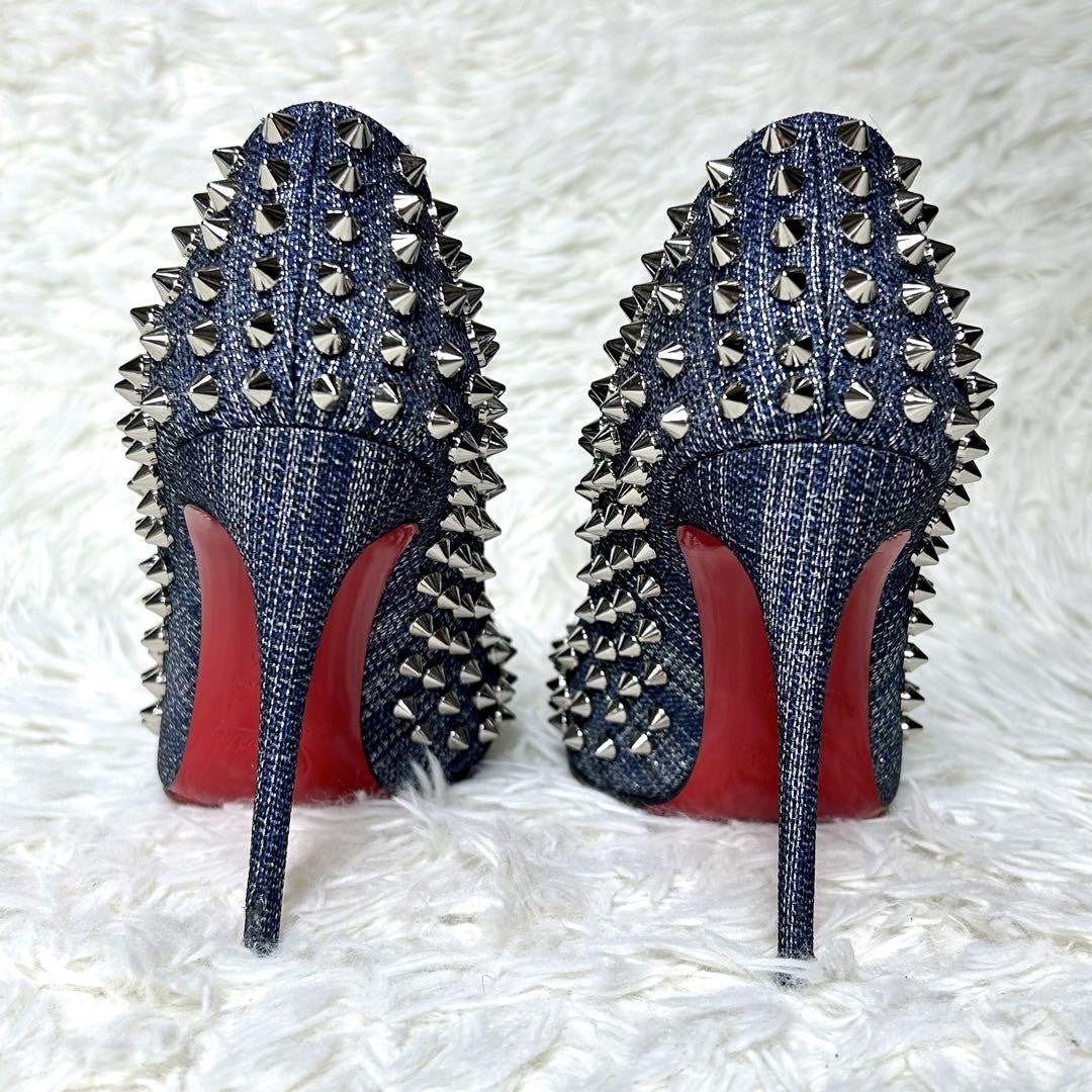 Christian Louboutin Shoes Pumps Heel Studs EU 37.5 US 7.5 Navy Silver Denim Auth