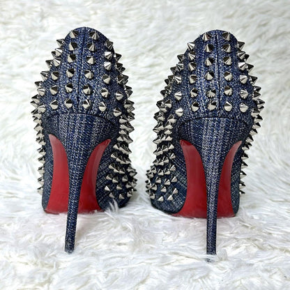 Christian Louboutin Shoes Pumps Heel Studs EU 37.5 US 7.5 Navy Silver Denim Auth