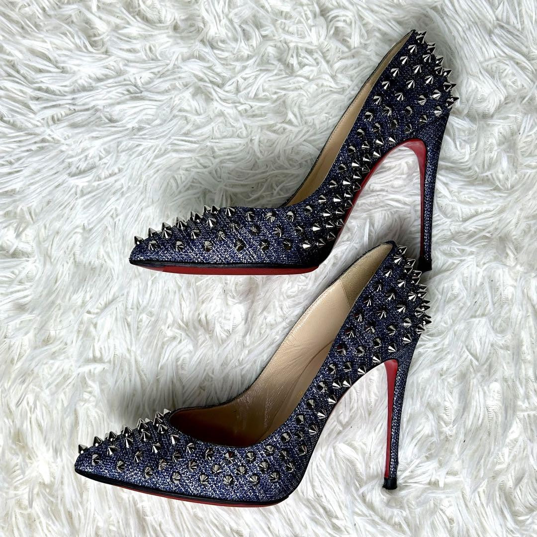 Christian Louboutin Shoes Pumps Heel Studs EU 37.5 US 7.5 Navy Silver Denim Auth