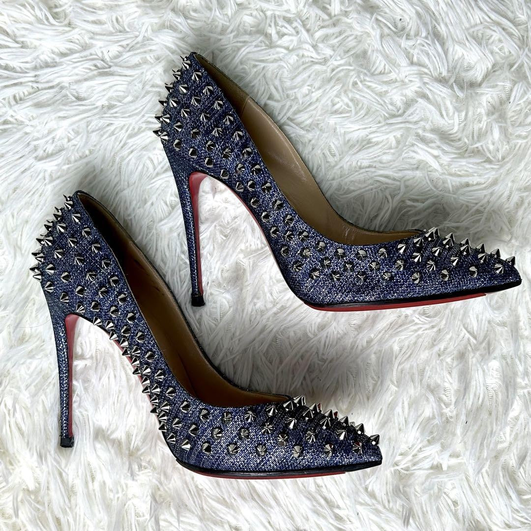 Christian Louboutin Shoes Pumps Heel Studs EU 37.5 US 7.5 Navy Silver Denim Auth