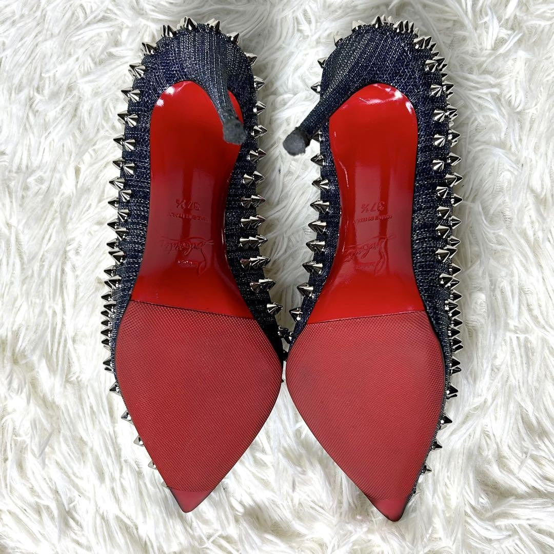 Christian Louboutin Shoes Pumps Heel Studs EU 37.5 US 7.5 Navy Silver Denim Auth