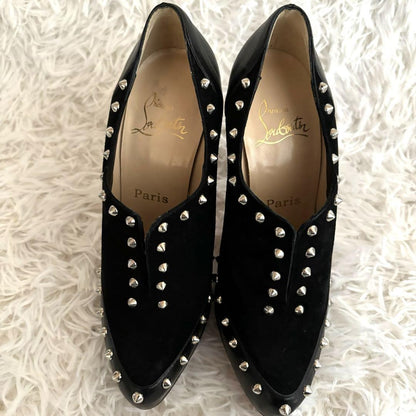 Christian Louboutin Shoes Pumps Heel Studs EU 36.5 US 6.5 Suede Leather Black