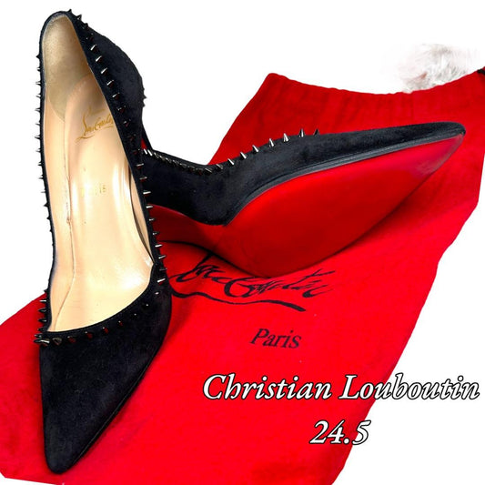 Christian Louboutin Shoes Pumps Heel Studs EU 37.5 US 7.5 Suede Leather Black
