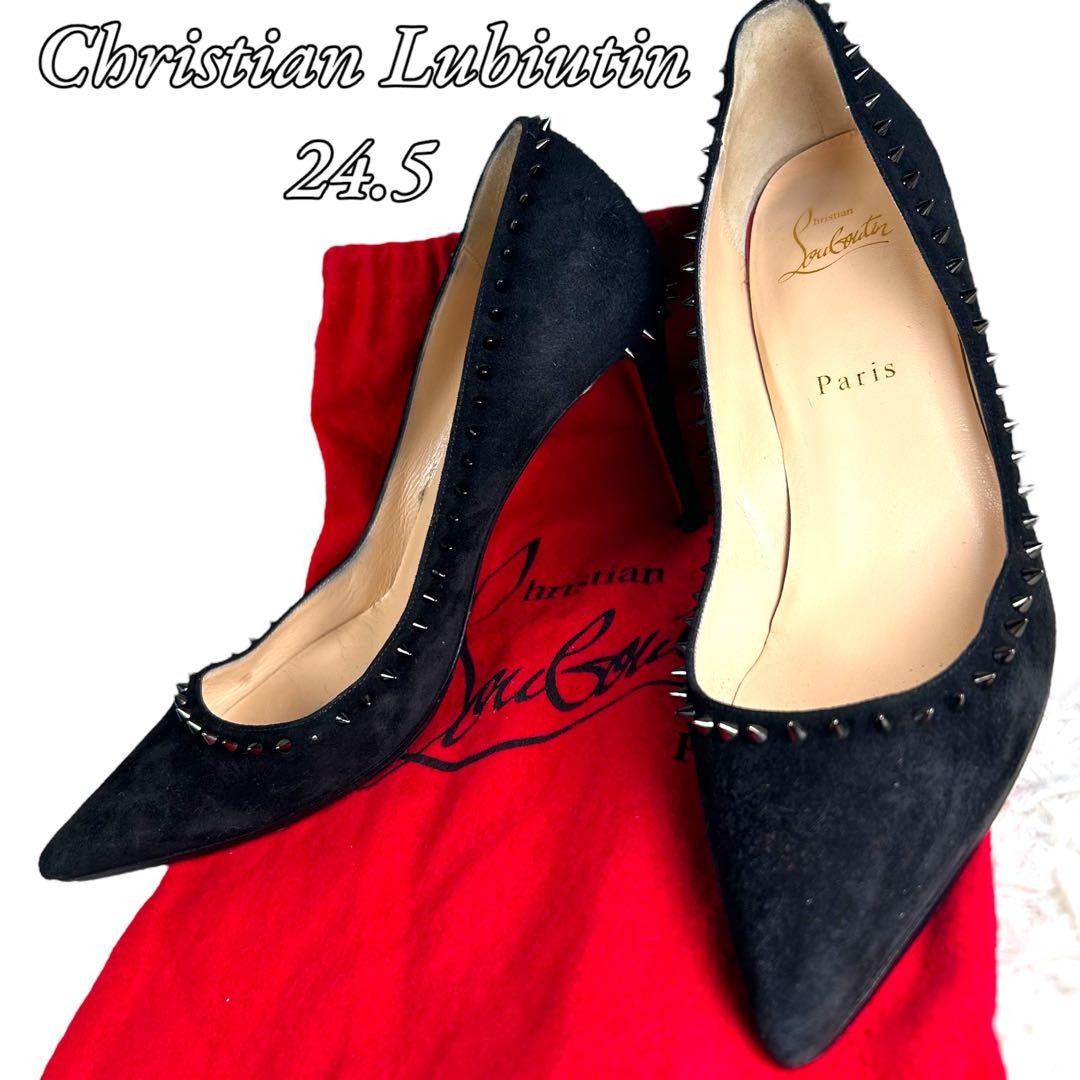Christian Louboutin Shoes Pumps Heel Studs EU 37.5 US 7.5 Suede Leather Black