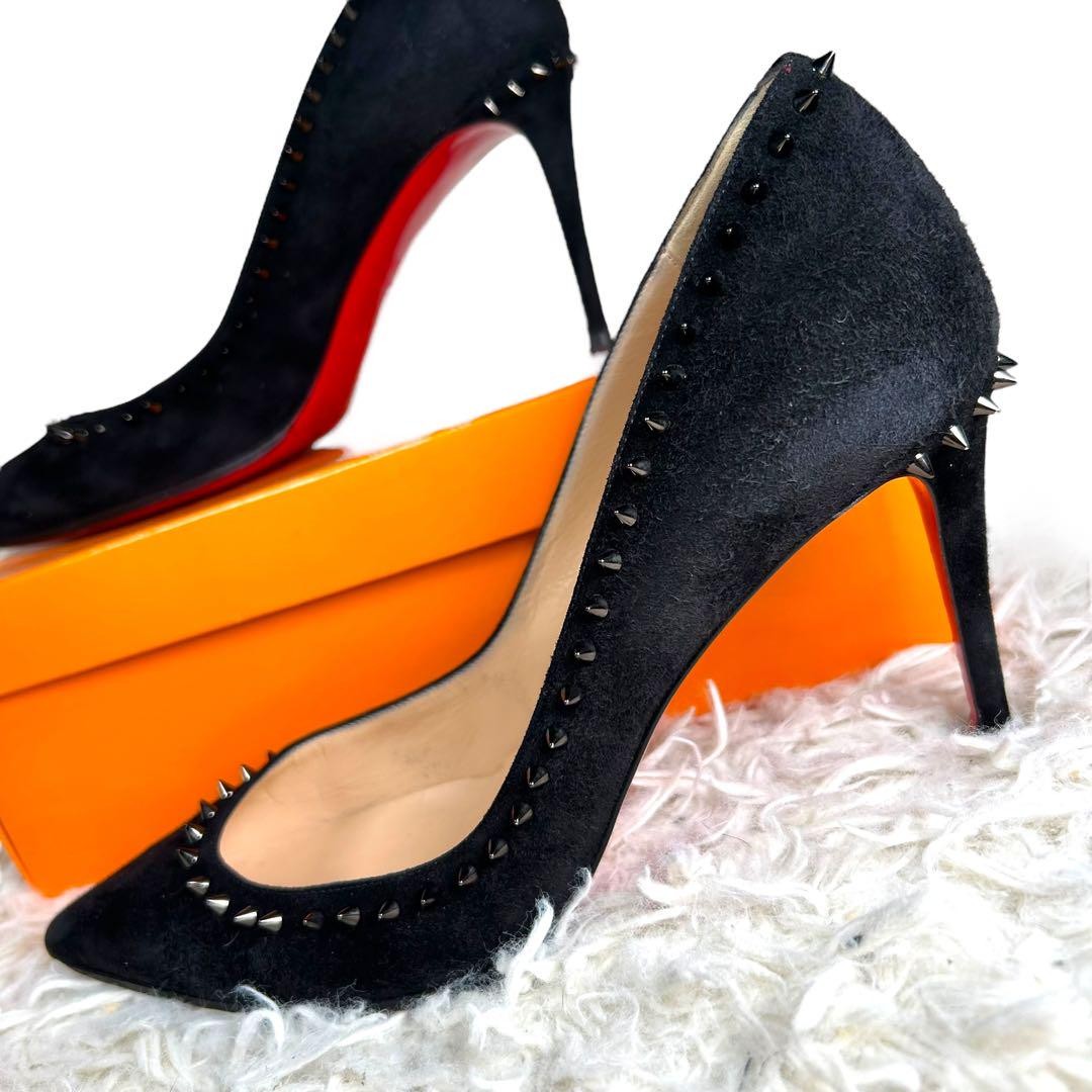 Christian Louboutin Shoes Pumps Heel Studs EU 37.5 US 7.5 Suede Leather Black