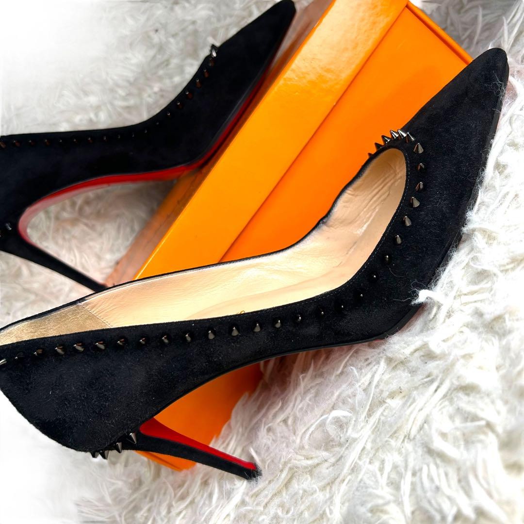 Christian Louboutin Shoes Pumps Heel Studs EU 37.5 US 7.5 Suede Leather Black