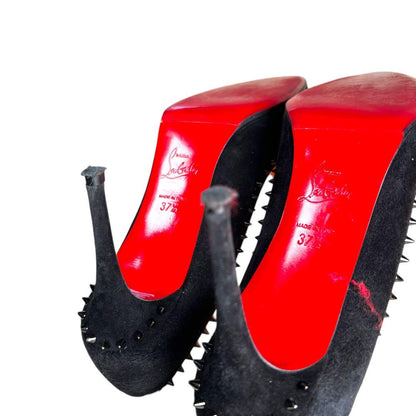 Christian Louboutin Shoes Pumps Heel Studs EU 37.5 US 7.5 Suede Leather Black