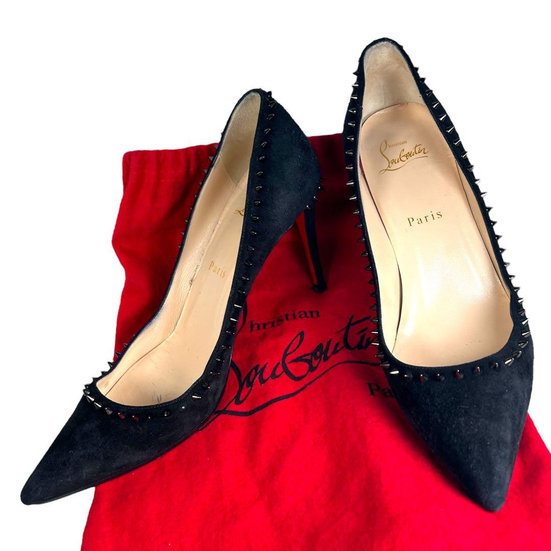 Christian Louboutin Shoes Pumps Heel Studs EU 37.5 US 7.5 Suede Leather Black