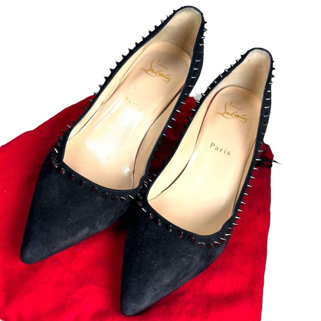 Christian Louboutin Shoes Pumps Heel Studs EU 37.5 US 7.5 Suede Leather Black