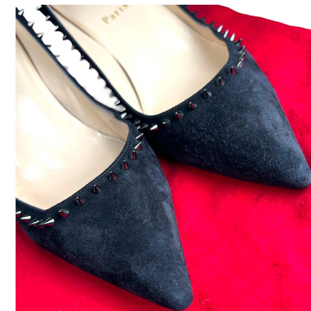 Christian Louboutin Shoes Pumps Heel Studs EU 37.5 US 7.5 Suede Leather Black