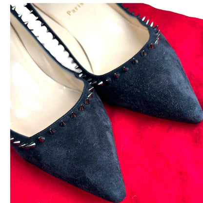 Christian Louboutin Shoes Pumps Heel Studs EU 37.5 US 7.5 Suede Leather Black